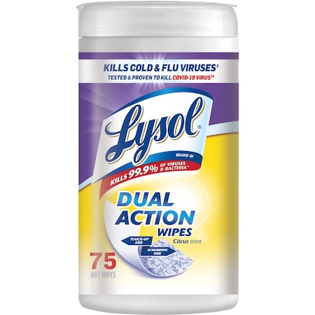 Lysol Dual Action Wipes, 7.25" W x 7" L Canister, Citrus, White/Purple, 75 PK RAC81700CT